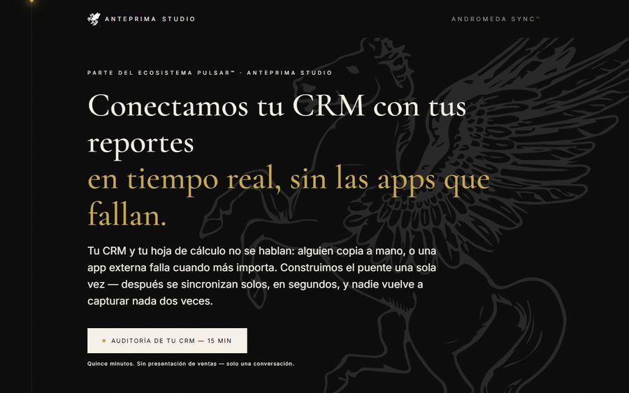Página de Andromeda Sync™: titular a dos tintas sobre negro y una llamada a auditoría de quince minutos.