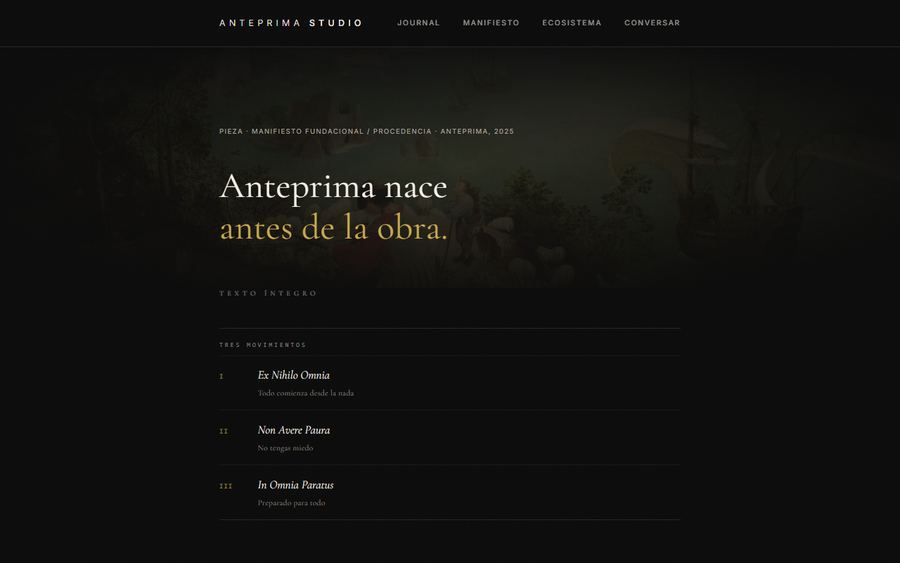 Manifiesto: lámina de fondo, titular en serif y los tres movimientos en latín con su glosa.