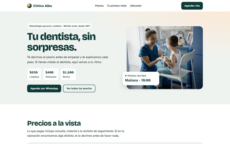 Muestra: clínica dental en verde pino y blanco, con precios a la vista y cita a un toque.