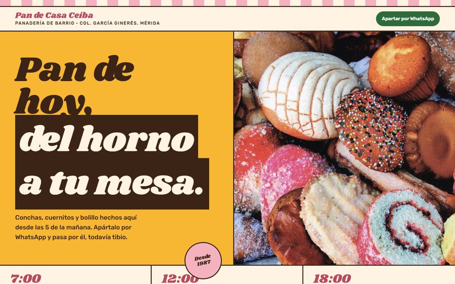 Página de una panadería de barrio ficticia hecha con Nova: rótulo amarillo «Pan de hoy, del horno a tu mesa» y foto de pan dulce.