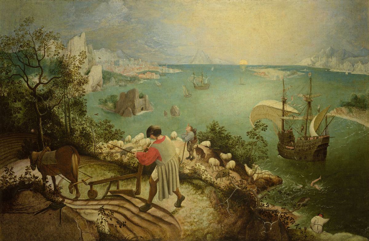Landscape with the Fall of Icarus — Pieter Bruegel el Viejo, ca. 1558. Museos Reales de Bellas Artes de Bélgica.