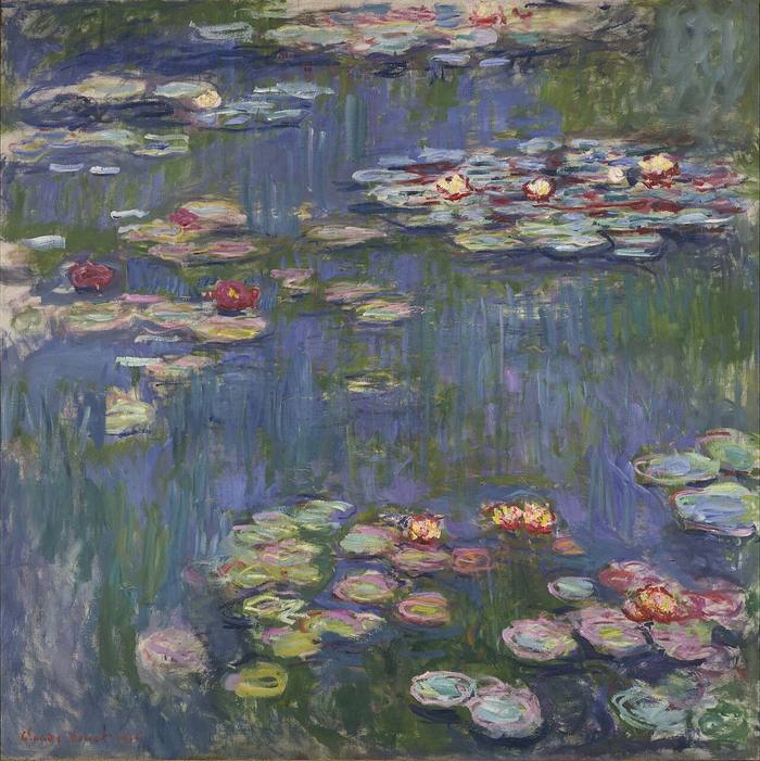 Un estanque de nenúfares sin horizonte ni orilla: solo agua, reflejo y flor — Claude Monet. Dominio público.