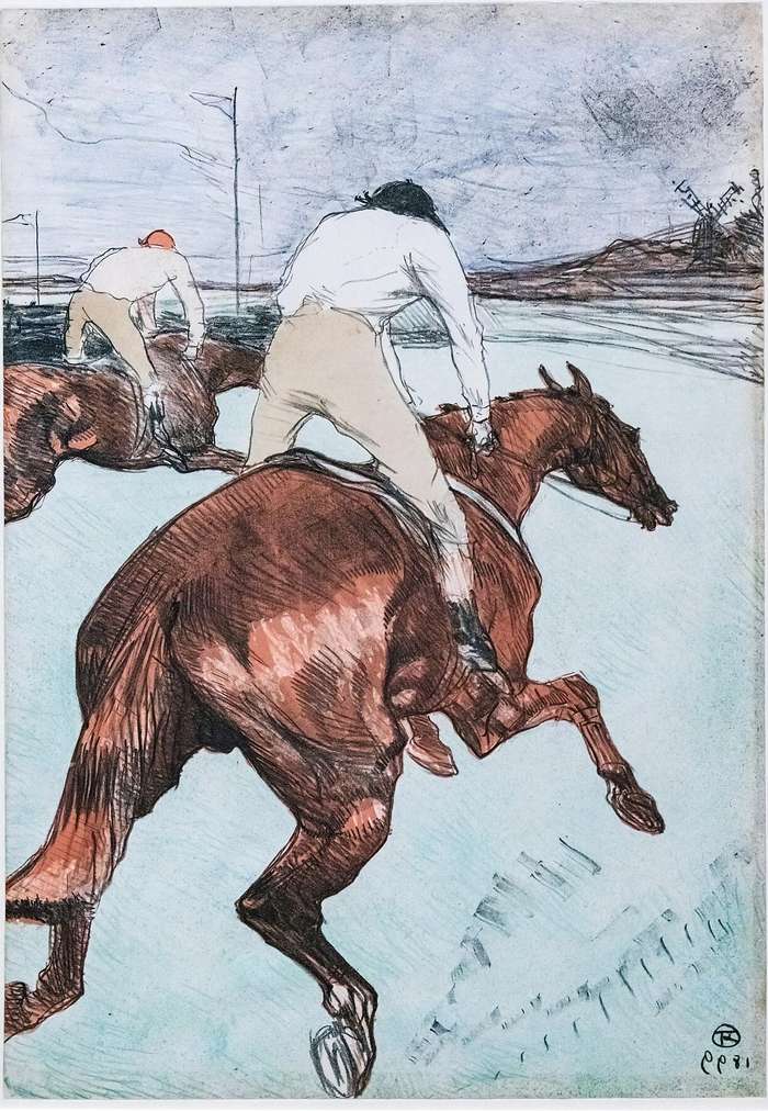 Dos jockeys de espaldas al galope, el caballo del primer plano en plena zancada — Henri de Toulouse-Lautrec. Dominio público.