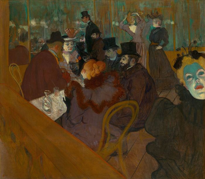 Un grupo alrededor de una mesa en una sala nocturna, de perfil, bajo luz artificial — Henri de Toulouse-Lautrec. Dominio público.