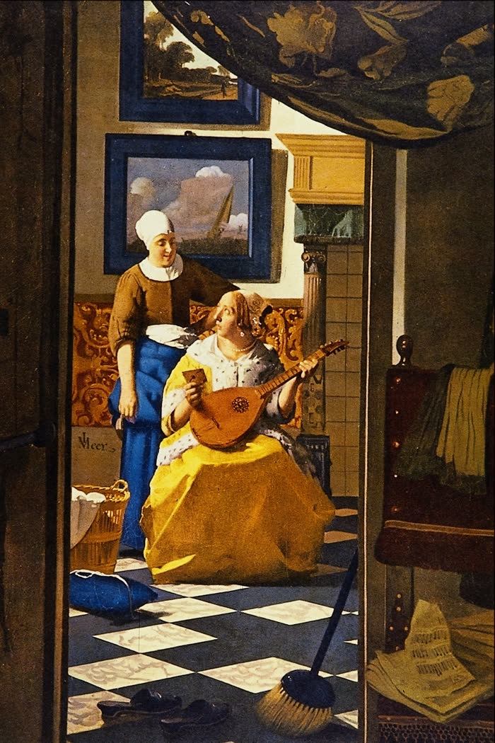 Una criada acaba de entregar una carta; la señora deja el laúd y levanta la vista hacia ella — Johannes Vermeer.